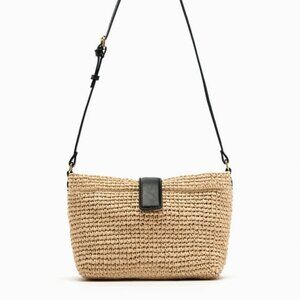 Zara Woven Straw Crossbody Bag Purse with Black Leather Strap